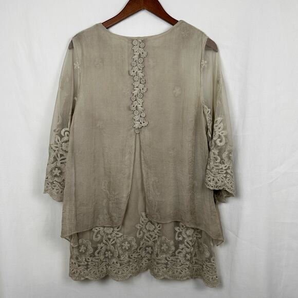 Feratelli Women's Top L Beige Embroidered Floral Layered Mesh Lace Lagenlook - Picture 7 of 9
